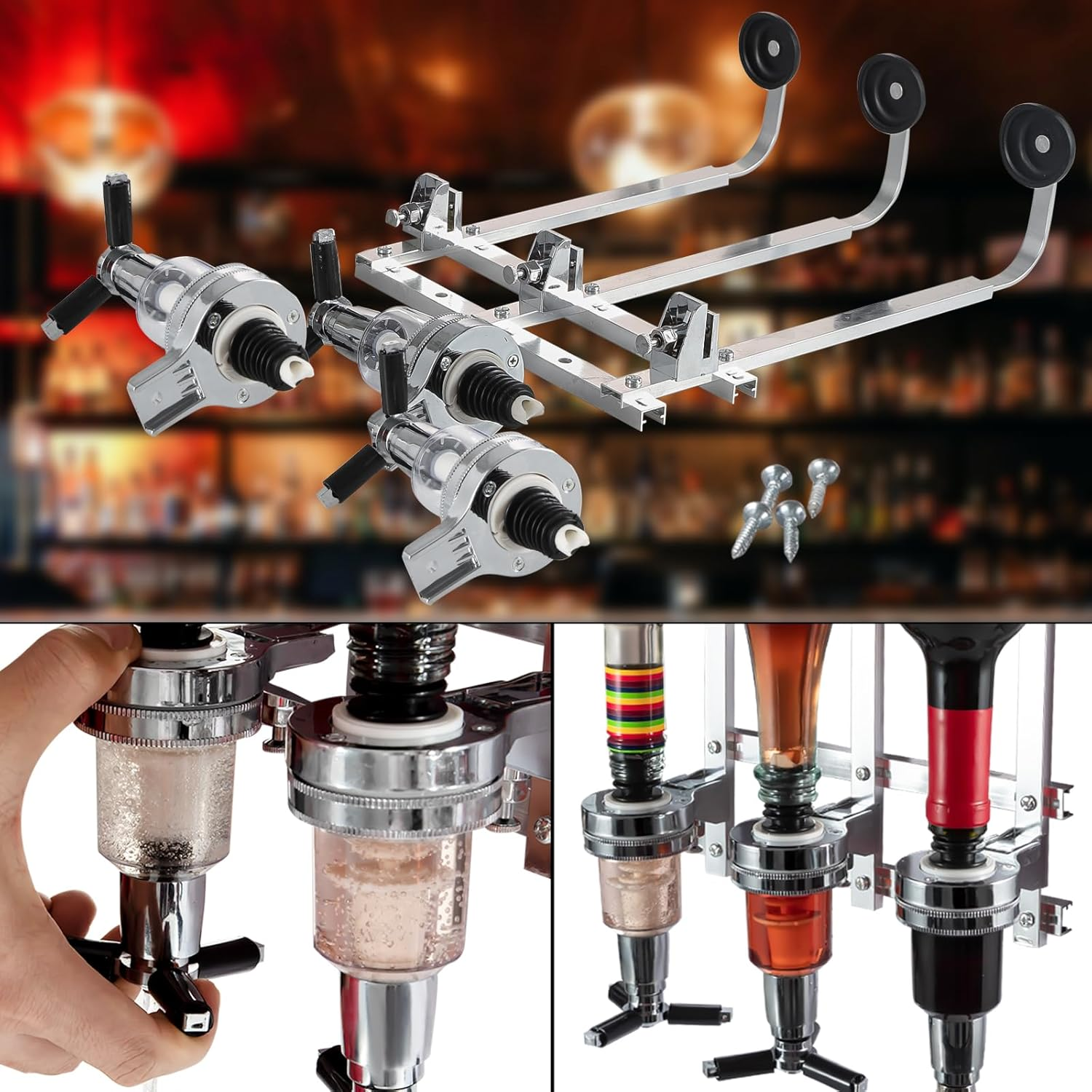3 Bottle Wall Mounted Liquor Dispenser Bar Butler Bracket Solo Optic Spirit Wine Beer Alcohol Bottle Beverage Stand Revolving Nozzle Drinkware Set - Silver image number 2