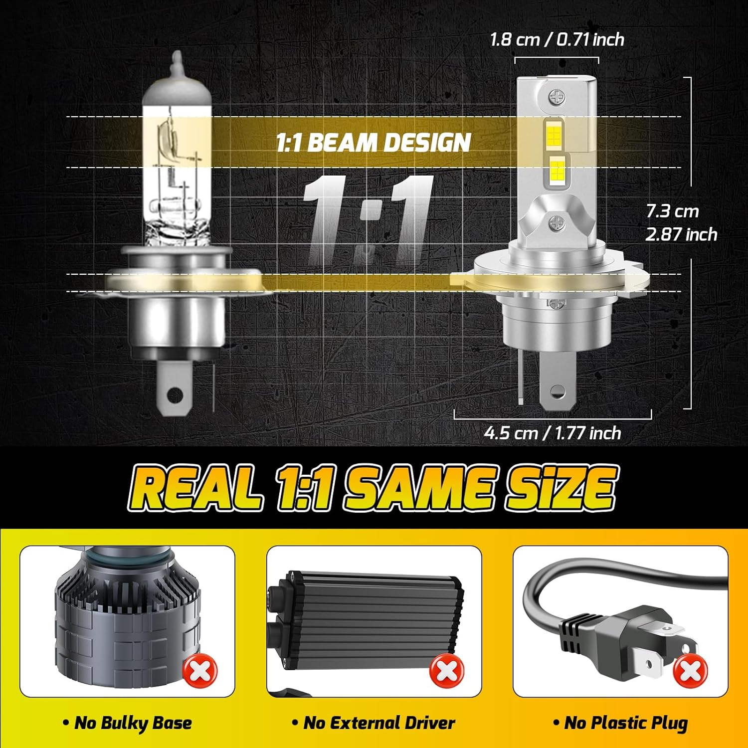 Kaidengzhe H4 LED Bulb 6000LM HB2 Bulb 60W 6000K 1:1 Mini Size Car 9003 Led Headlight Conversion Kit IP68 Fog Light Bulbs Plug & Play for High Low Beam Halogen Replacement, Pack of 2 image number 4