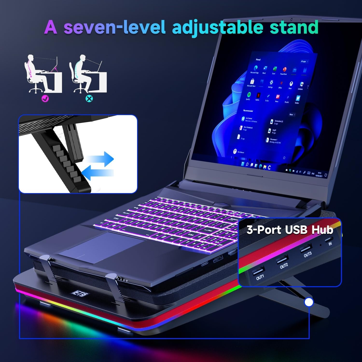 IETS Supercharged Laptop Cooling Pad with Continuously Variable Speed Turbofan,Seal Foam for Rapid Cooling 13-19Inch Gaming Laptop,Air Filtration,Rgb and USB Hub,Powerful Laptop Cooler