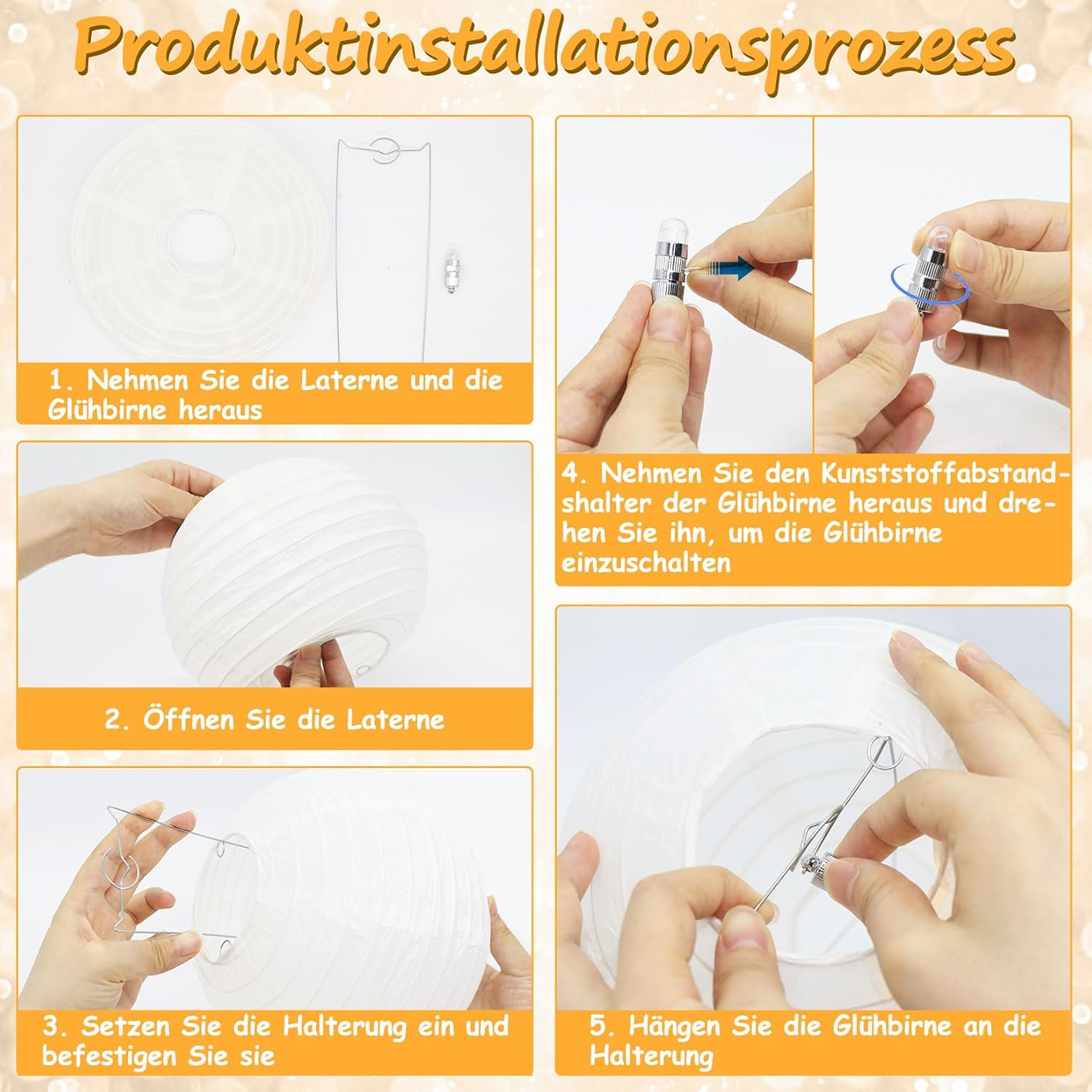 Pack of 30 Paper Lanterns, White with LED Lights, Hanging Paper Lanterns with 30 Warm White Mini LED Balloons Lights, round Paper Lampshade for Decoration, Wedding, Garden Party (Diameter 15 image number 5