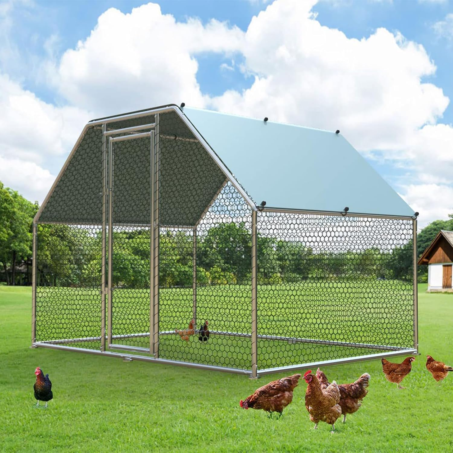 Metal Chicken Coop 2X2X2M Chicken Runs with Cover,Duck Coop Cage for Outdoor Backyard Farm Rabbit Small Animal Dog Poultry Cat Hutch image number 2