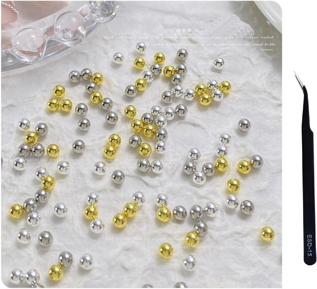CYBERNOVA 8Packs 3D Nail Art Steel Balls Mini Beads Gold Silver Nail Charm 0.6Mm-3.0Mm Metal Steel Beads for Women DIY Nail Art Accessories with Tweezers (Gold) image number 4