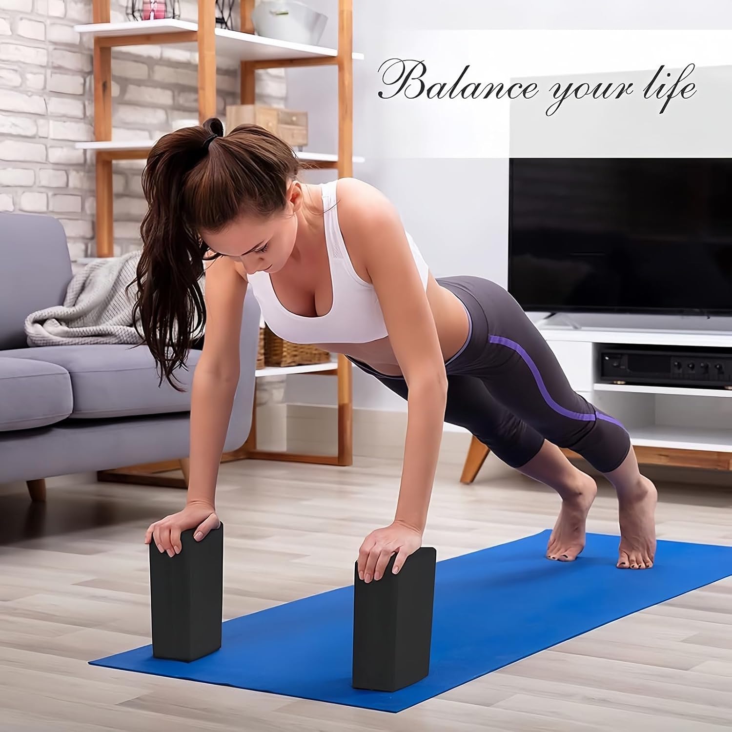 Yoga Blocks, 2 Packs with Black Yoga Strap Metal D-Ring Yoga Block Set EVA Foam Blocks,High Density Supportive, Lightweight & Odor Resistant, Non-Slip Foam Yoga Bricks Yoga Essentials, Pilates image number 4