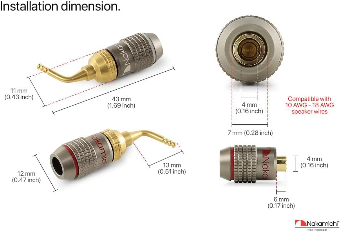 Nakamichi Fanlock Excel Series 24K Gold Plated 2Mm Pin Plugs Banana 10 AWG - 18 AWG Gauge Size 4Mm for Spring Clip Speakers Amplifier Hi-Fi Home Theatre Wire Cable Quick Connector, 8 Pcs (4-Pairs) image number 5