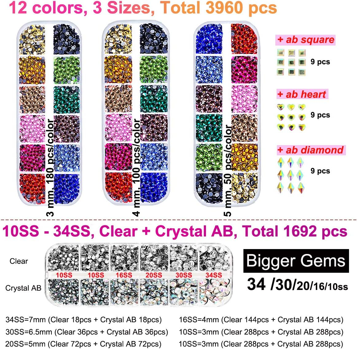 Hotfix Applicator Tool, DIY Hot Fix Rhinestone Setter, Hot Fixed Kit, 5679 Pcs, AB, Clear, 34/30/20/16/10SS, 12 Colors, Bigger Rhinestones, Gem Picker, Bedazzler Kit with Rhinestones image number 4