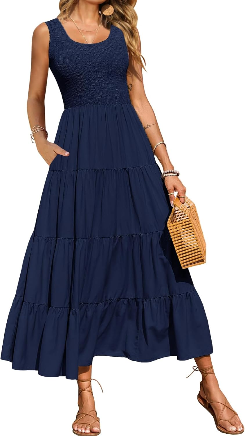 Women'S Nursing Dresses Smocked Crew Neck Summer Sleeveless Tiered Maxi Dress with Pockets image number 1