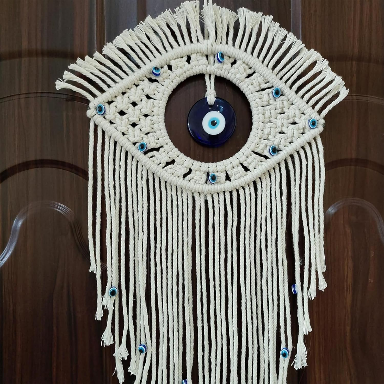 Bohemian Hand-Woven Blue & Evil Eye Wall Art|Artisan Macram&eacute; Bedroom/Dorm Decor|Protective Spiritual Hanging with Cotton Tassels|Boho Home Gift image number 1