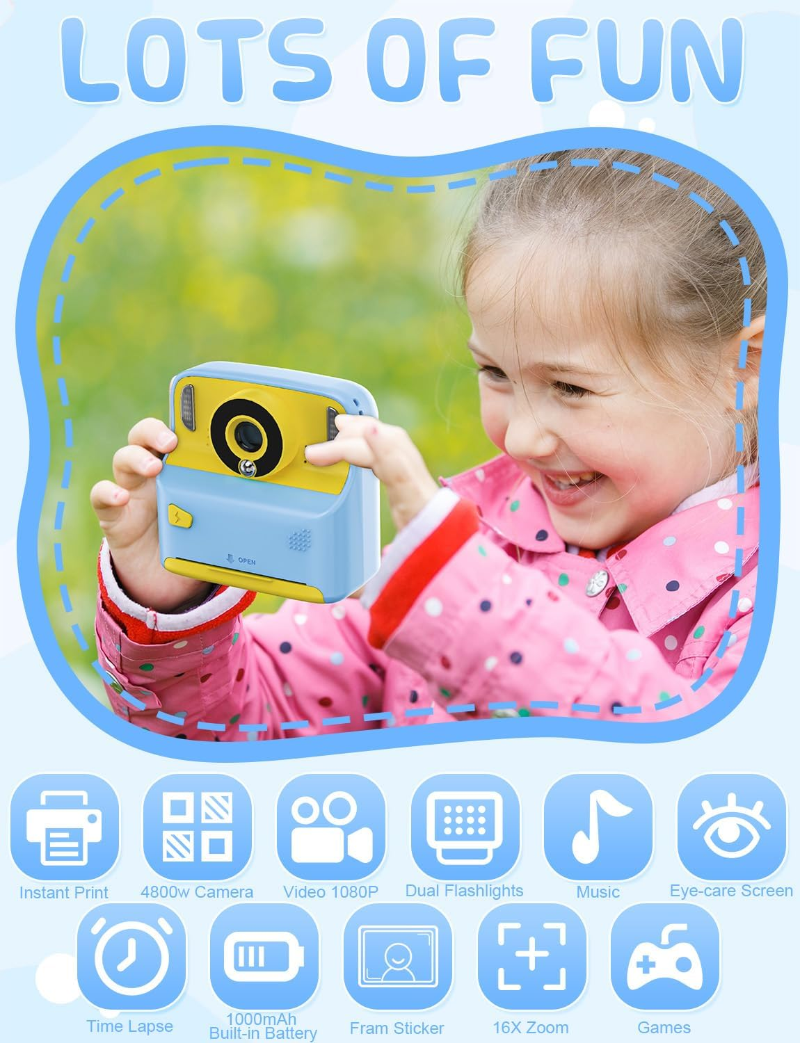 Kids Instant Print Camera with 2 Flash Lights, Children Selfie Digital Camera with 2.4 Inch Screen, 32GB Card, 5 Rolls Print Paper for Age 3-12 Girls Boys Toy Gifts Travel (Blue) - Blue image number 4