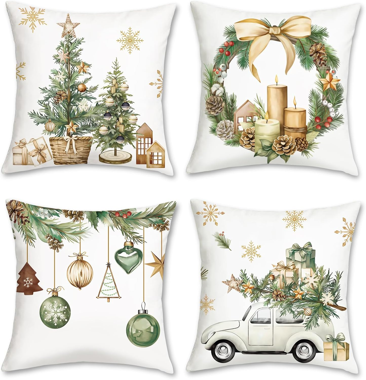 Bonhause Winter Christmas Cushion Covers 45 X 45 Cm Xmas Trees Balls Pine Leaves Cones Truck Decorative Throw Pillow Covers for Sofa Couch Bed Home Winter Holiday Decor Set of 4 image number 3
