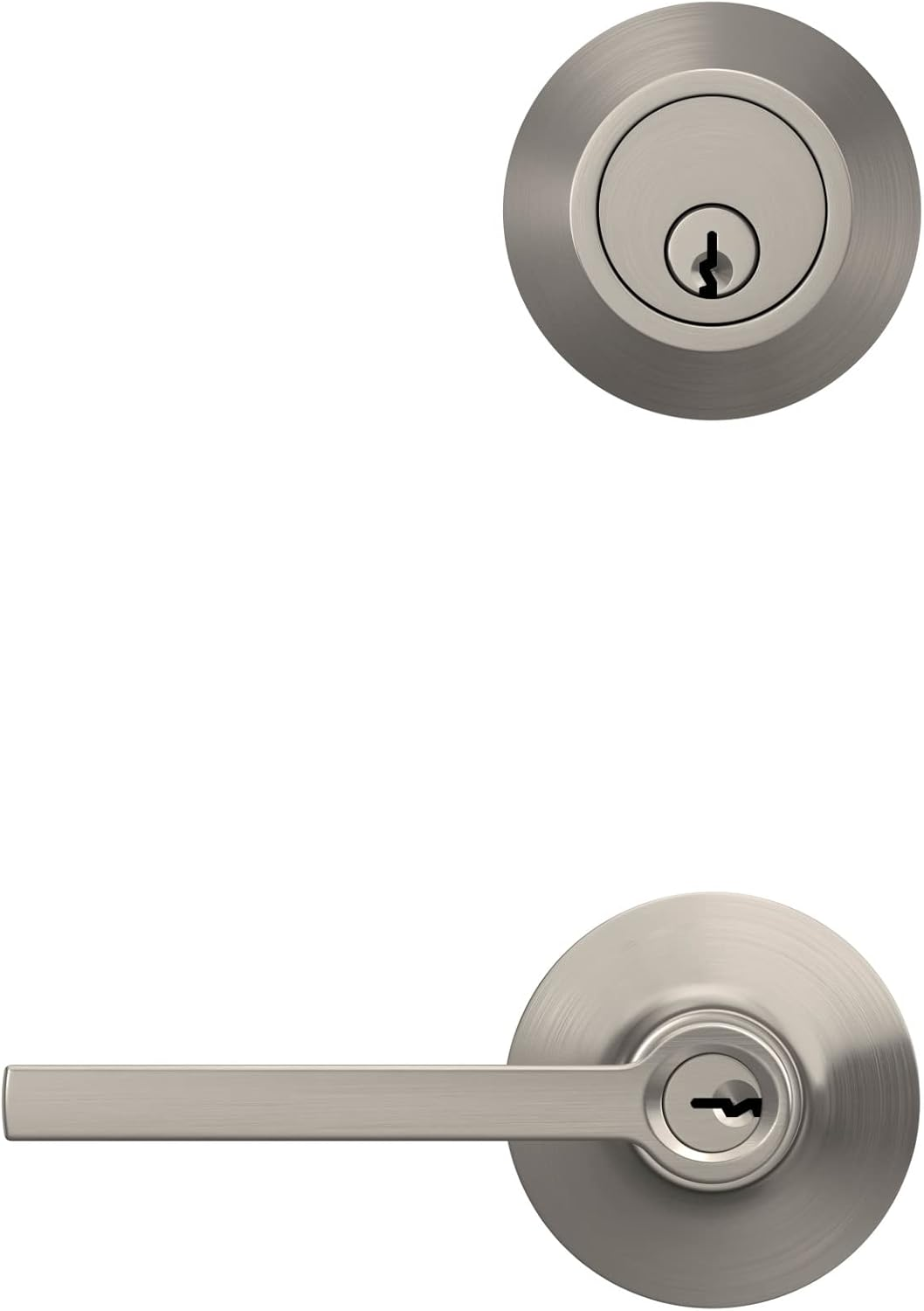 Lock Scout Straight Lever with round Trim Keyed Entry Door Handle and Single Cylinder Deadbolt, Satin Nickel Finish image number 2
