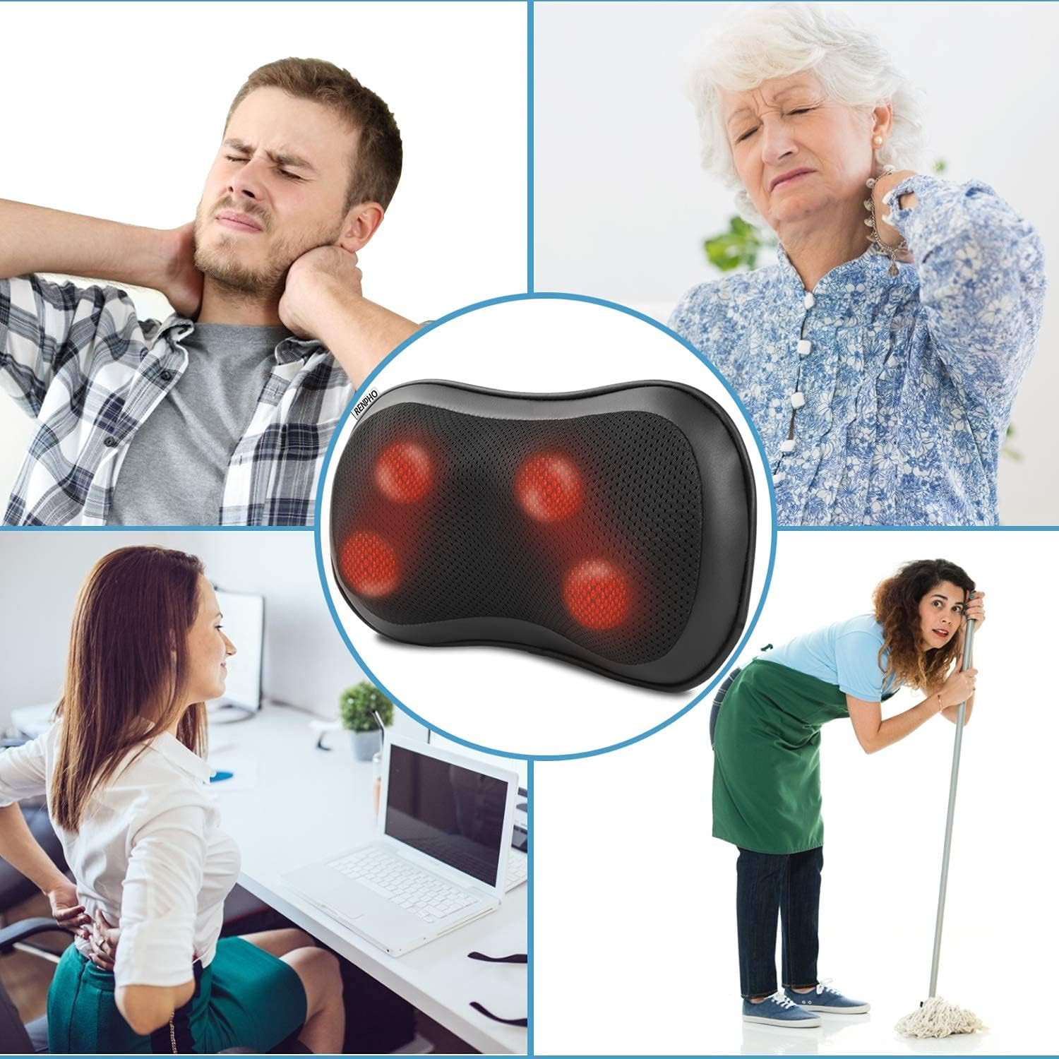 RENPHO Neck Back Massager with Heat, Ultra Slim Shiatsu Lower Back Neck Massage Pillow, 3-Speeds with Net Cover Electric Shoulder Massage Pain Relief image number 1