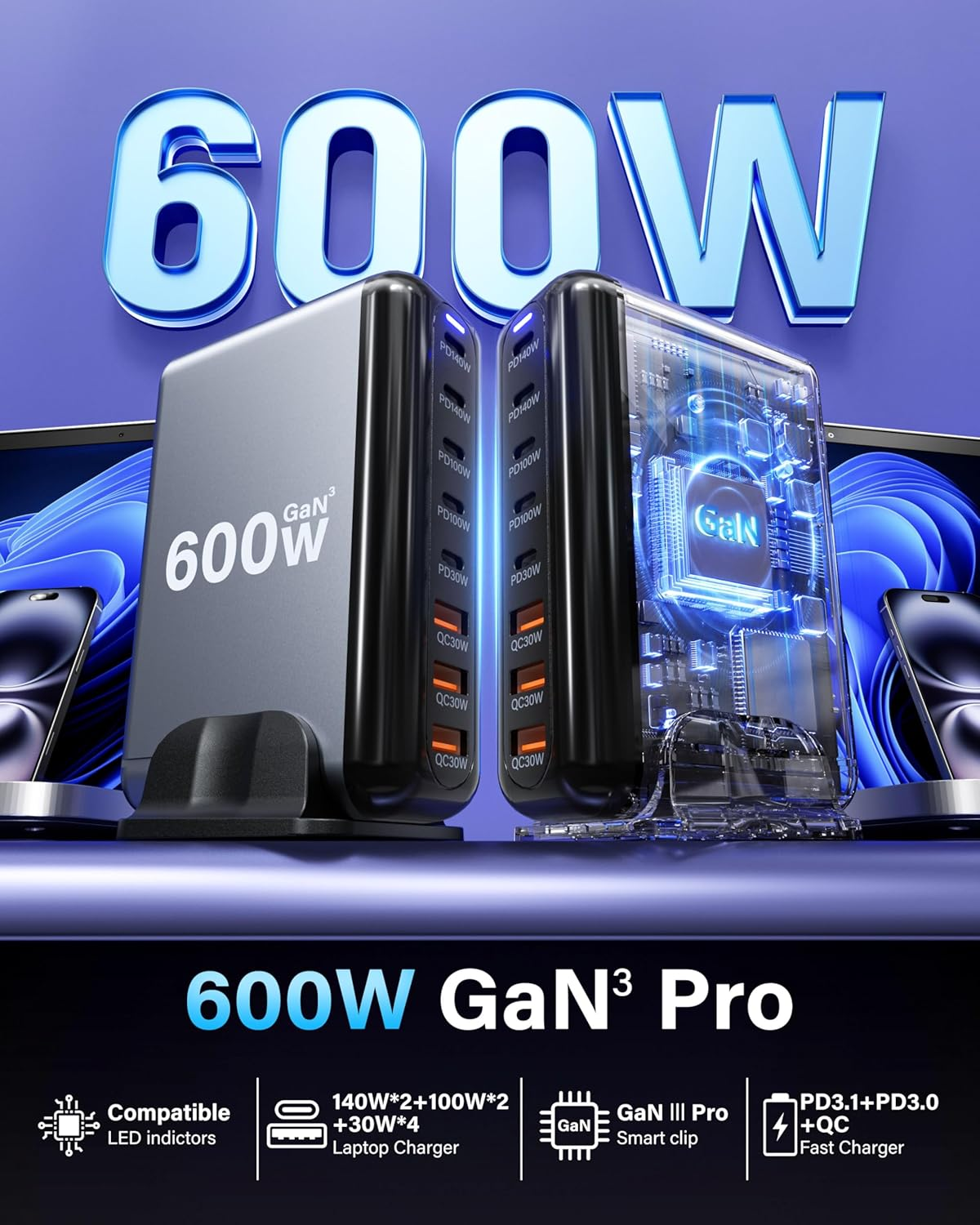 YESDEX 600W USB-C Charging Station - 140W USB C Charger, 100W USBC Gan Laptop Charger, 8-Port Multi Fast Charger Dock Compatible with Macbook Pro, Ipad, Iphone 16 Pro Max/15, Samsung Galaxy, Dell image number 5