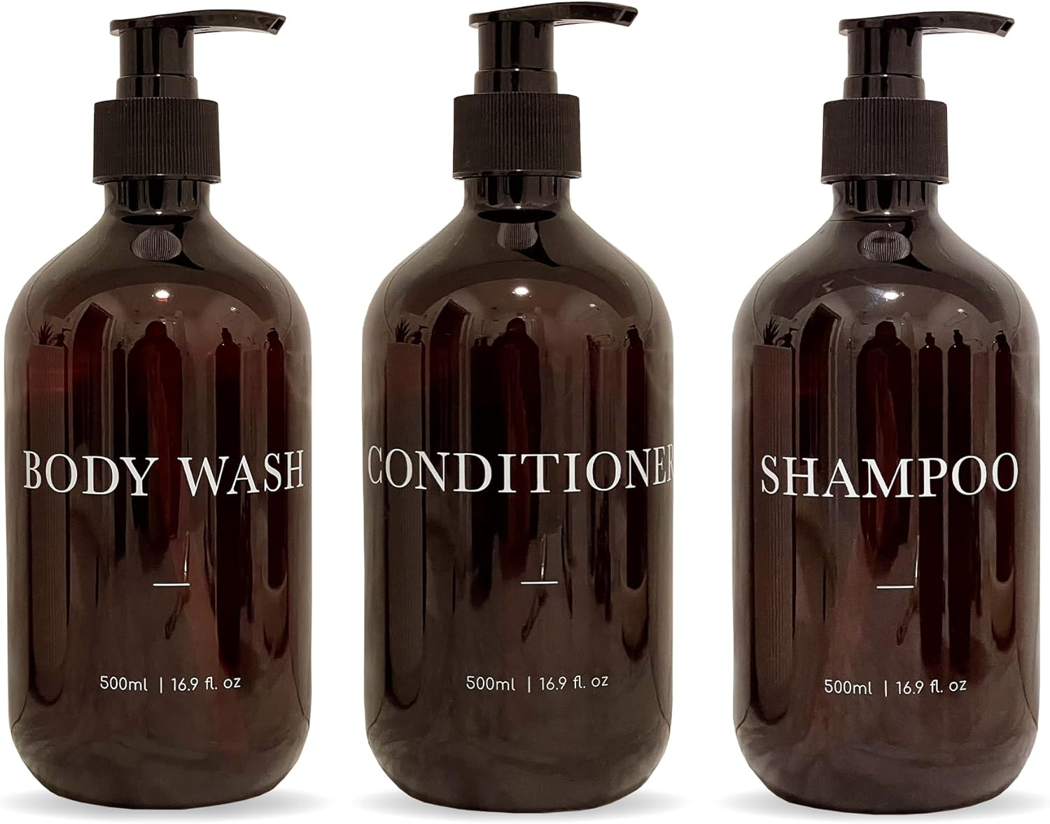 3 Piece AMBER 500Ml Bathroom Refillable Pump Bottles - Shampoo, Conditioner, Body Wash Refillable Bottles - UV Printed, Bpa-Free Brown Bottles with Black Pump - 500Ml | 16.9 Fl. Oz.