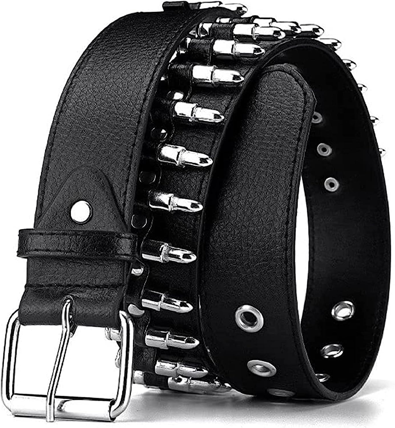 PEAFAN Bullet Studded Belt, Punk Rivet Belt Black Leather Rock Belt with Silver Bullet for Women Men Standard Size, Black image number 1