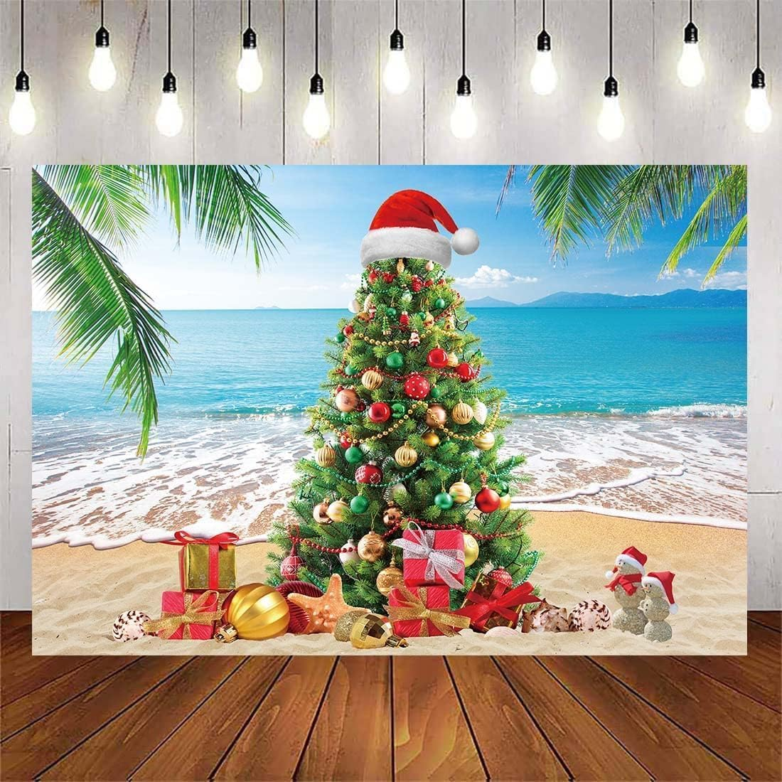 Summer Christmas Tree Backdrop Tropical Beach Xmas in July Photography Background Palm Leaves Blue Sky Ocean Christmas Family Holiday Party Photo Backdrop (10X8Ft(120X96 Inch)) image number 6