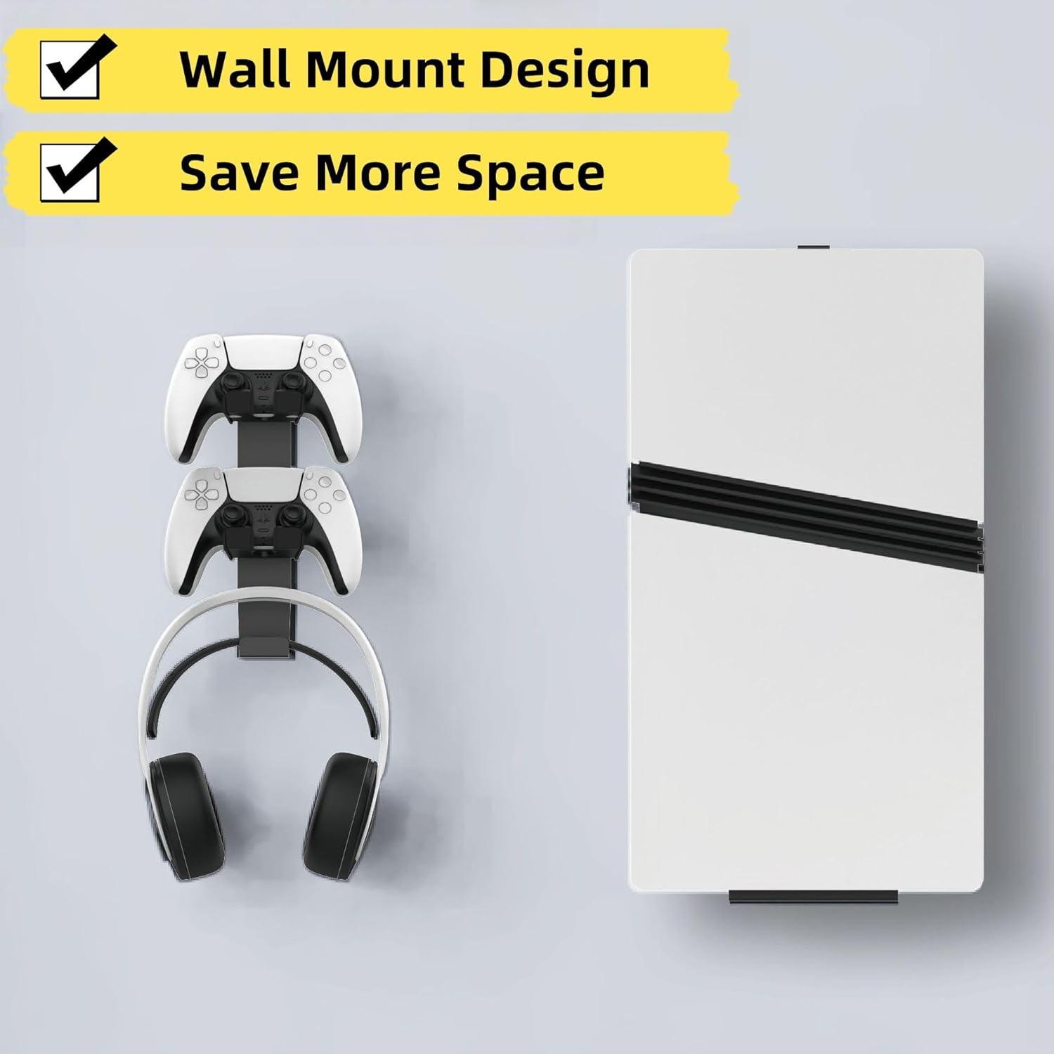 GM-G 3-In-1 Wall Mount Gaming Stand, Dual Controller Holder & Headphone Hanger, Gamepad Storage Rack Compatible with PS5, Switch, Wall Organizer for Gaming Accessories. (White) image number 3