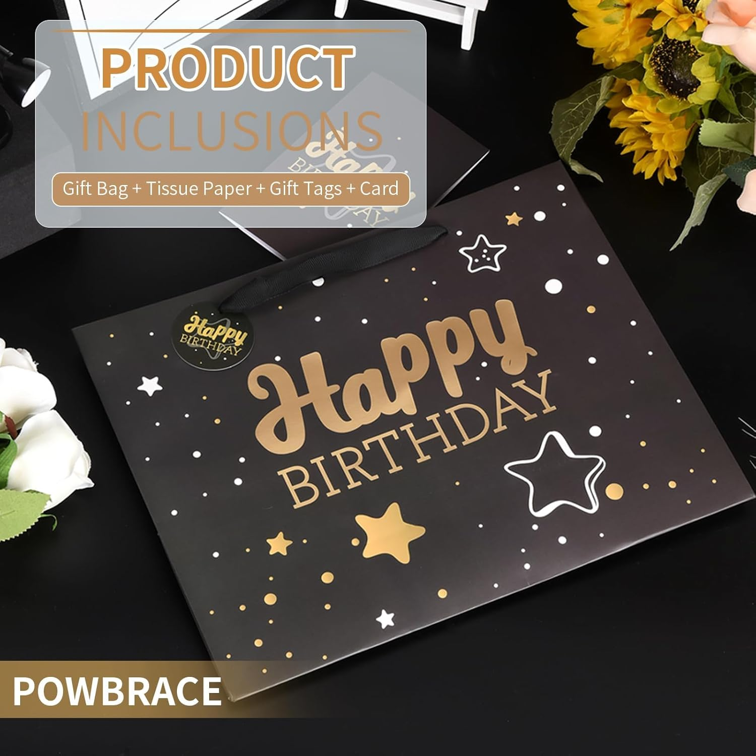 PAOFUFUI Birthday Gift Bag with Tissue Paper and Greeting Card, 13'X10.2'X4.9' Unisex Includes Card, Ribbon, Crinkle Paper (Black Starry Sky) image number 1