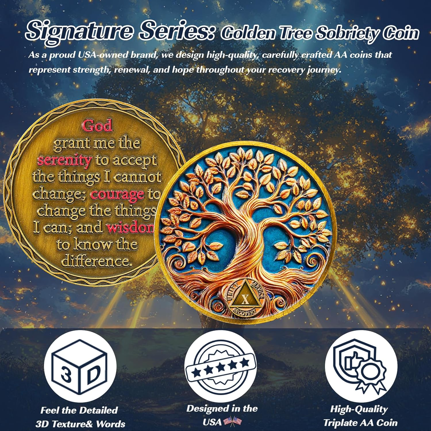 Tree of Life 10 Year Sobriety Coin, Recovery & Growth AA Medallion, One Year Golden Sober Coin for Addiction Recovery, Alcoholics Anonymous Sober Gifts for Women Men Sponsor - 12 Year Sober image number 6