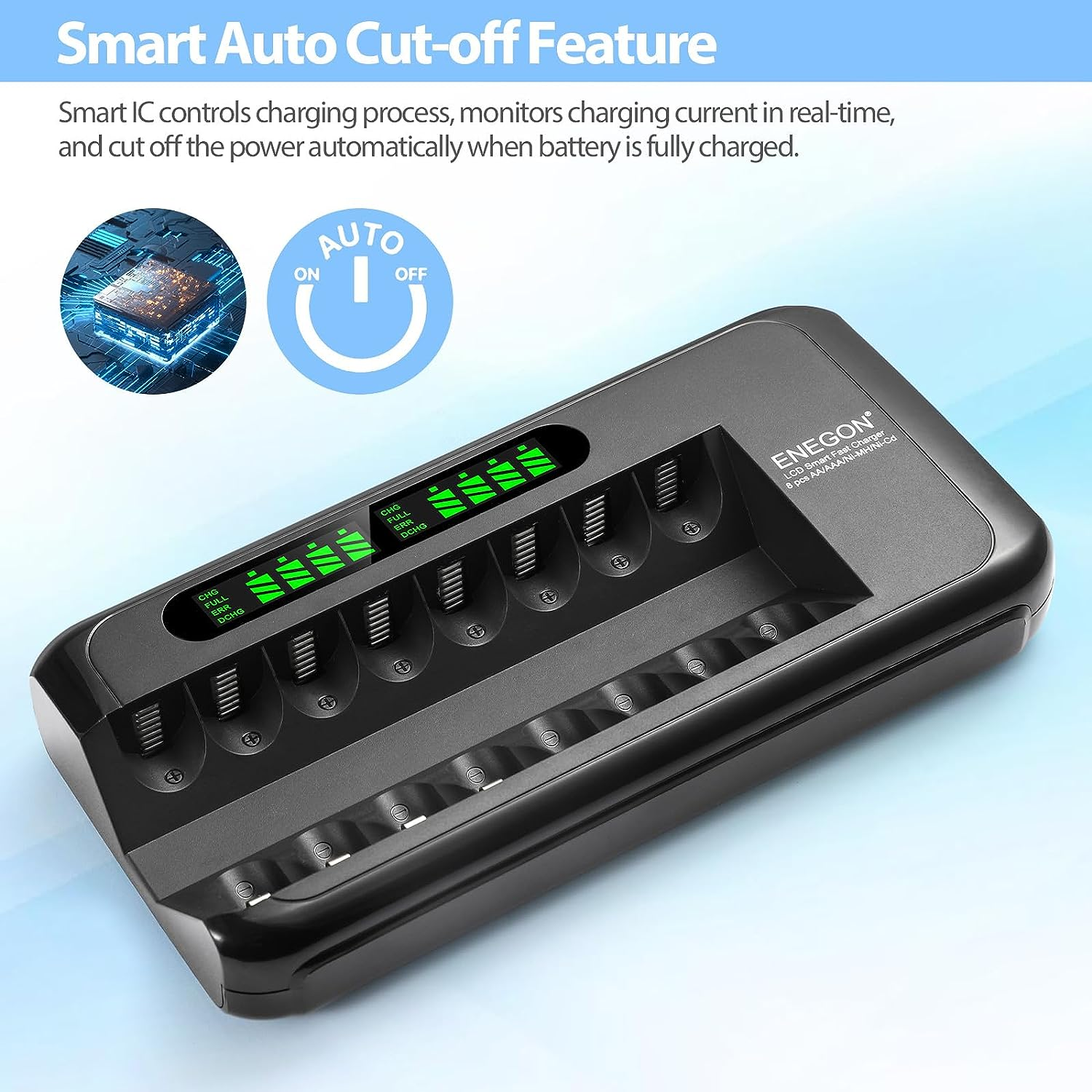 ENEGON AA AAA Battery Charger, Fast Charger with AC Adapter and Intelligent LCD Display, Independent 8 Bay Charger for Ni-Mh Ni-Cd Rechargeable Batteries, Auto Cut-Off When Battery Is Full Charged