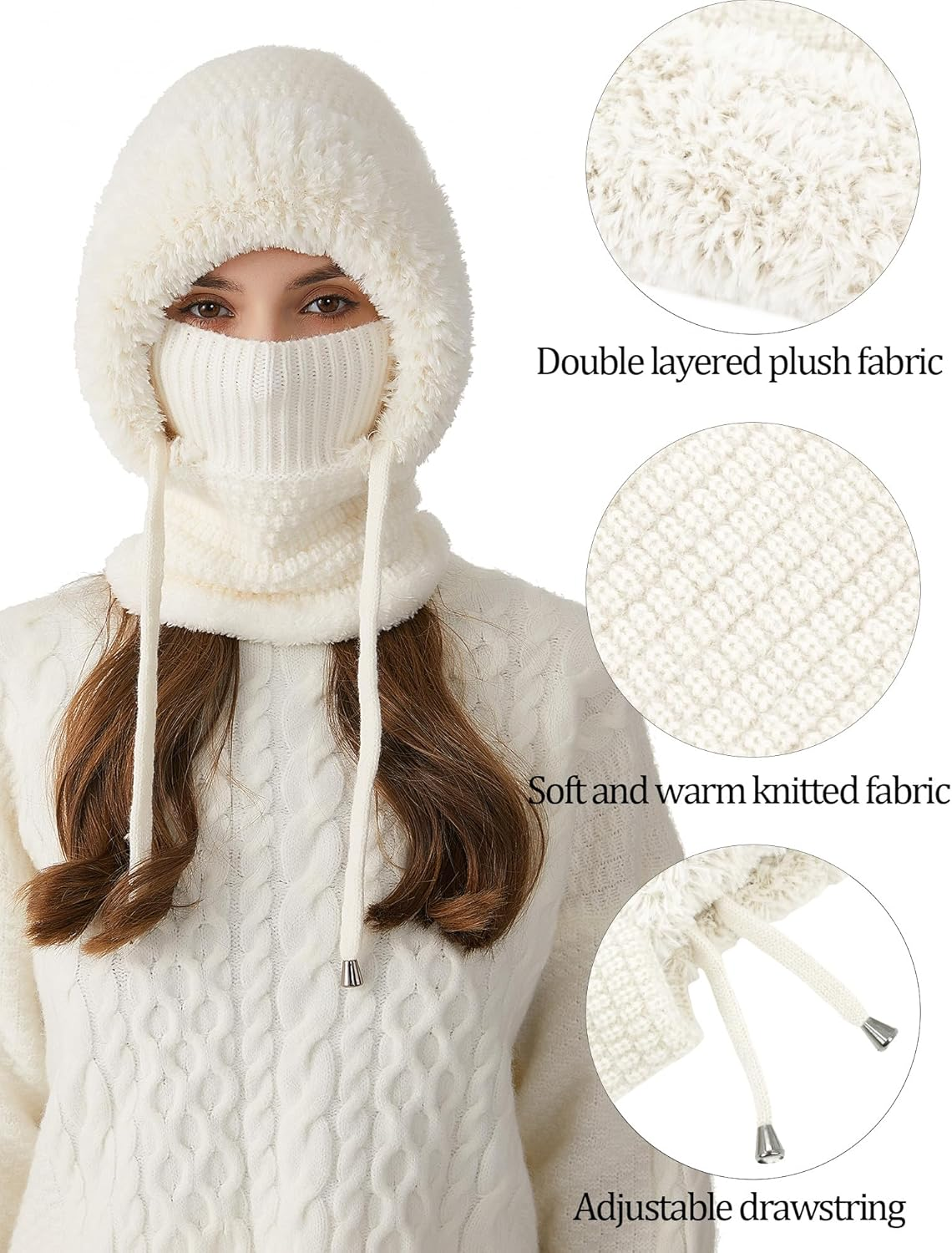 KEOYA Women'S Knit One-Piece Hat with Scarf Elastic Face Mask Fleece Balaclava with Drawstring Winter Warm Ski Beanie Cap