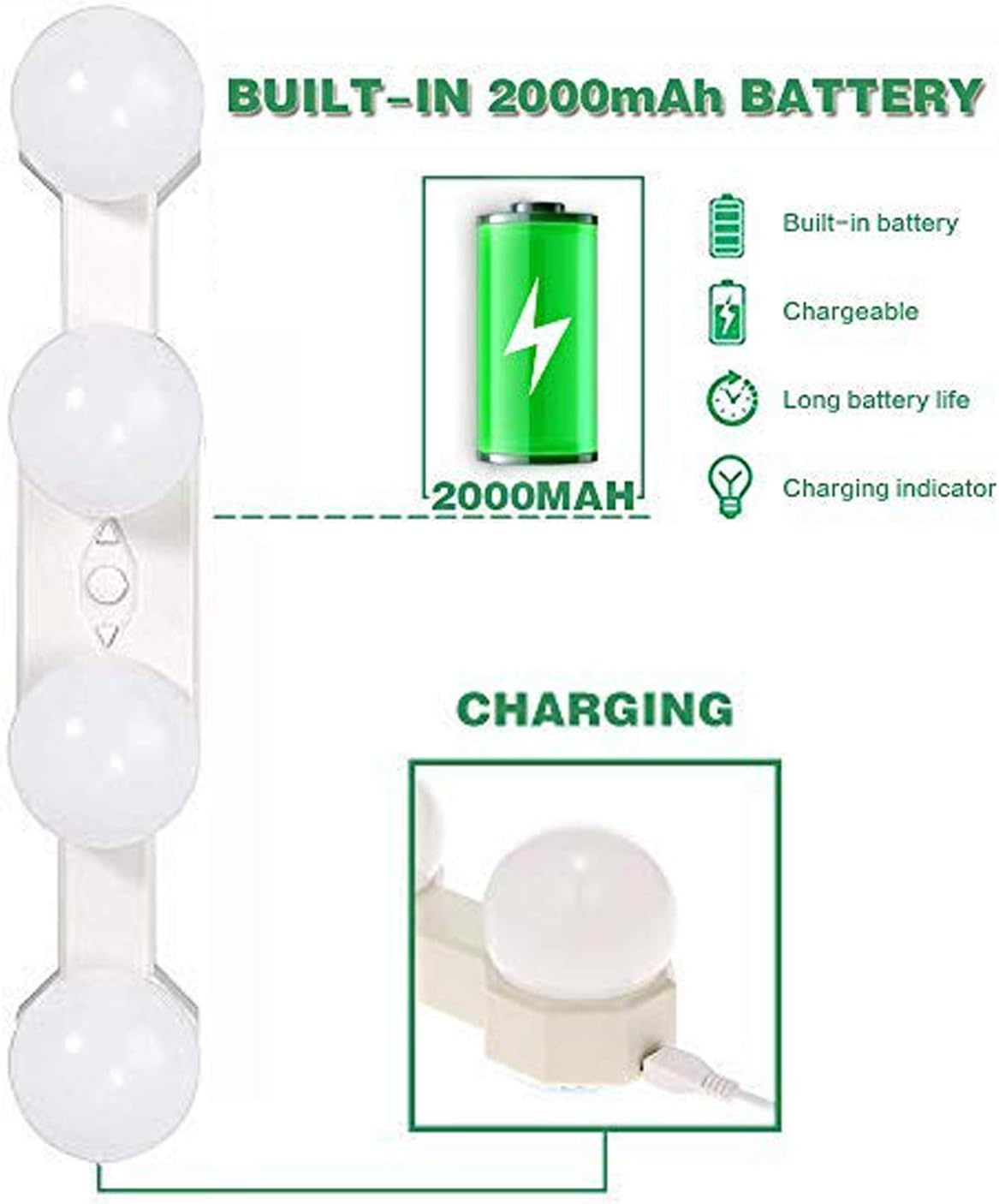 Portable LED Vanity Mirror Lights, 2000Mah Rechargeable Makeup Mirror Lights with 4 LED Bulbs,Simulated Daylight for Bathroom Makeup Dressing Table Lights,Kitchen Lights,Wardrobe Lights image number 3