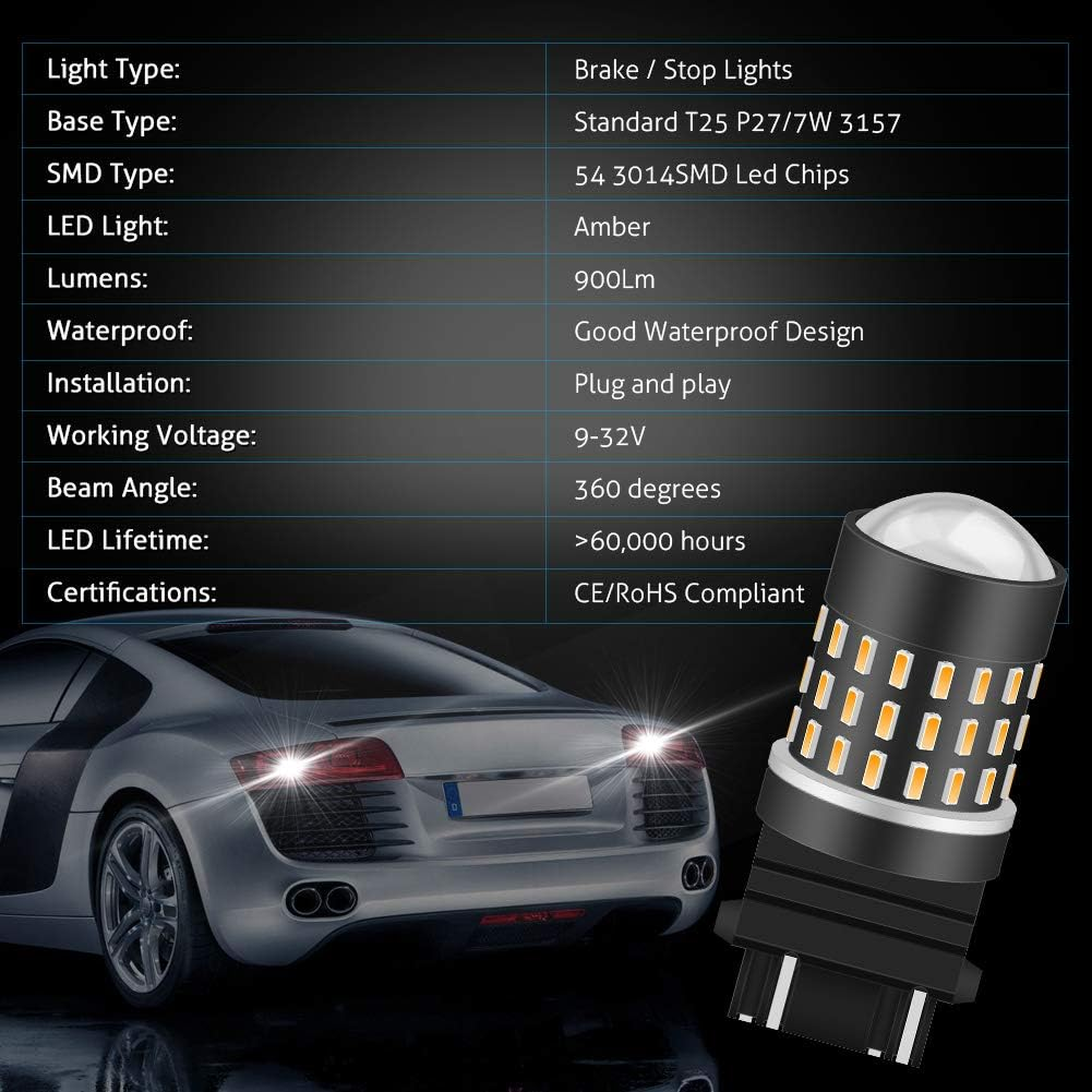 KATUR 3157 3047 3057 3155 3156 Led Light Bulb High Power 3014 54 Chipsets Super Bright 650 Lumens Replace for Turn Signal Back up Reverse Brake Tail Stop Parking RV Lights,Amber(Pack of 2) image number 1