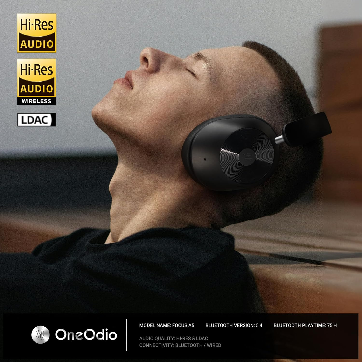 Oneodio A5 Noise Cancelling Headphones, Bluetooth 5.4, Wireless Headphones, LDAC Compatible, up to 75 Hours of Music Playback, Wired/Wireless, High Resolution, Fast Charging, Outsound Capture, Low - Black image number 4