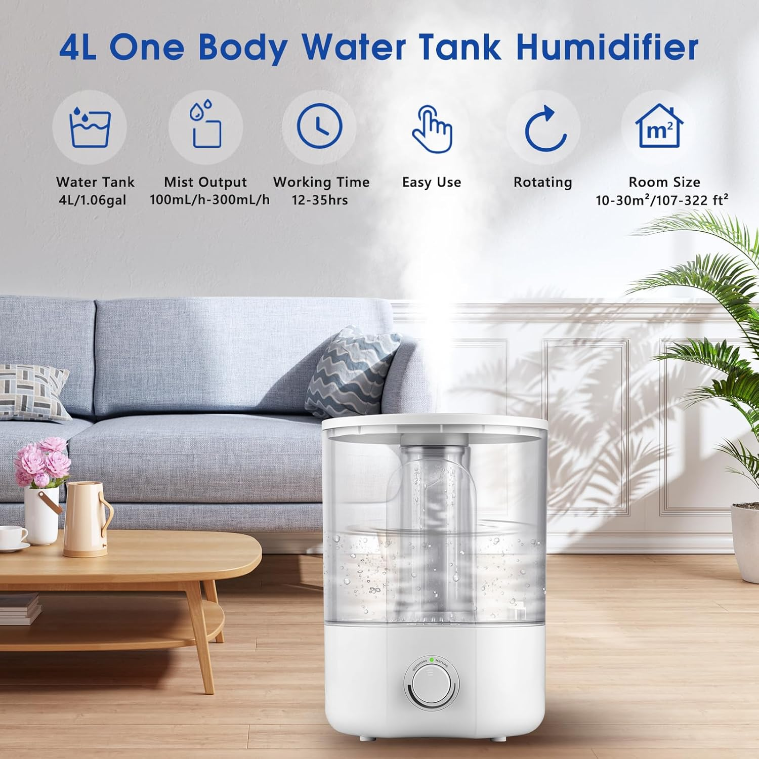 Air Humidifier for Whole House Room, 4L Ultrasonic Cool Mist Humidifier for Large Room, Adjustable 360&deg; Knob, Auto Shut-Off, Aroma Diffuser, Essential Oil Function, Lower Noise, Humidify for Any Room. image number 2