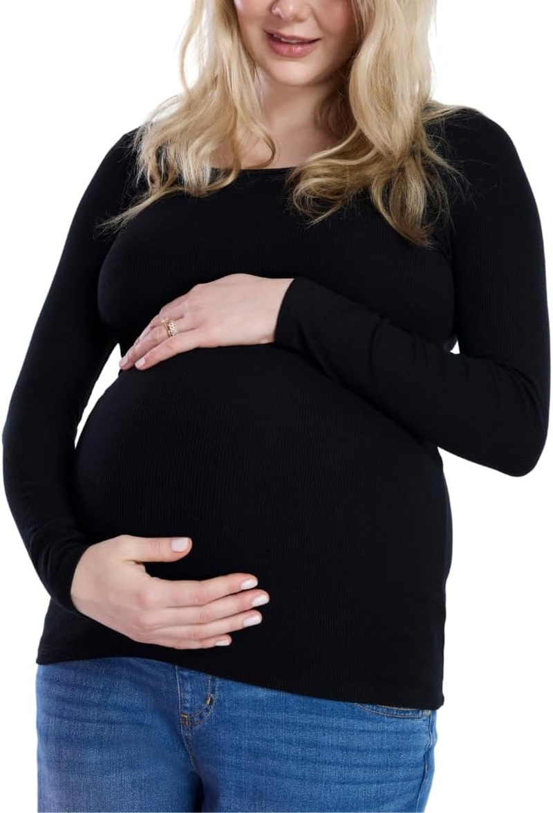 Motherhood Maternity Women'S Long Sleeve Square Neck Ribbed Pregnancy T-Shirt