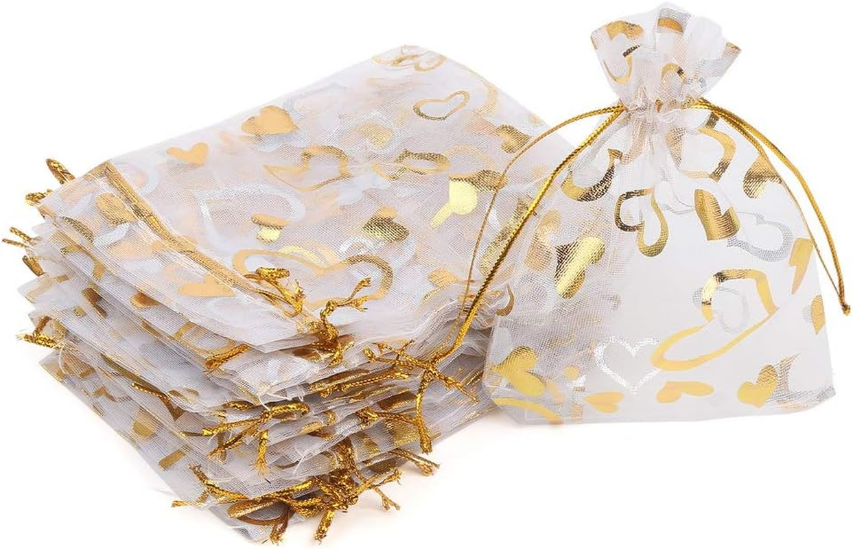 CCINEE 3.5X4.7 Inches Organza Bags Candy Gift Bags 100 Pieces (Gold Heart White Bag)