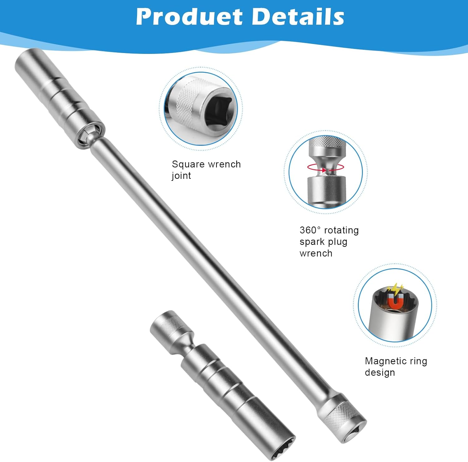 2PCS Spark Plug Socket 16Mm and 14Mm, Magnetic Universal Spark Plug Socket with Long Handle, 360&deg; Swivel Rotating 3/8" Drive Spark Plug Wrench Tools for Removal Repair Motorcycles, Cars image number 5