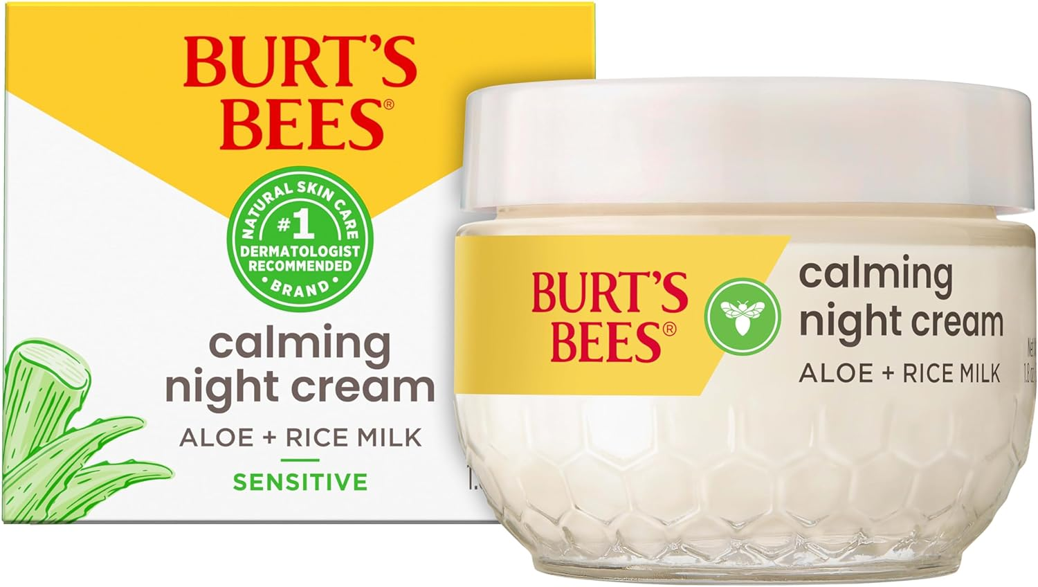 Burt'S Bees Calming Night Cream Gentle Moisturiser for Face & Sensitive Skin, Made with Aloe Vera & Rice Milk to Soothe Skin, 50G image number 5