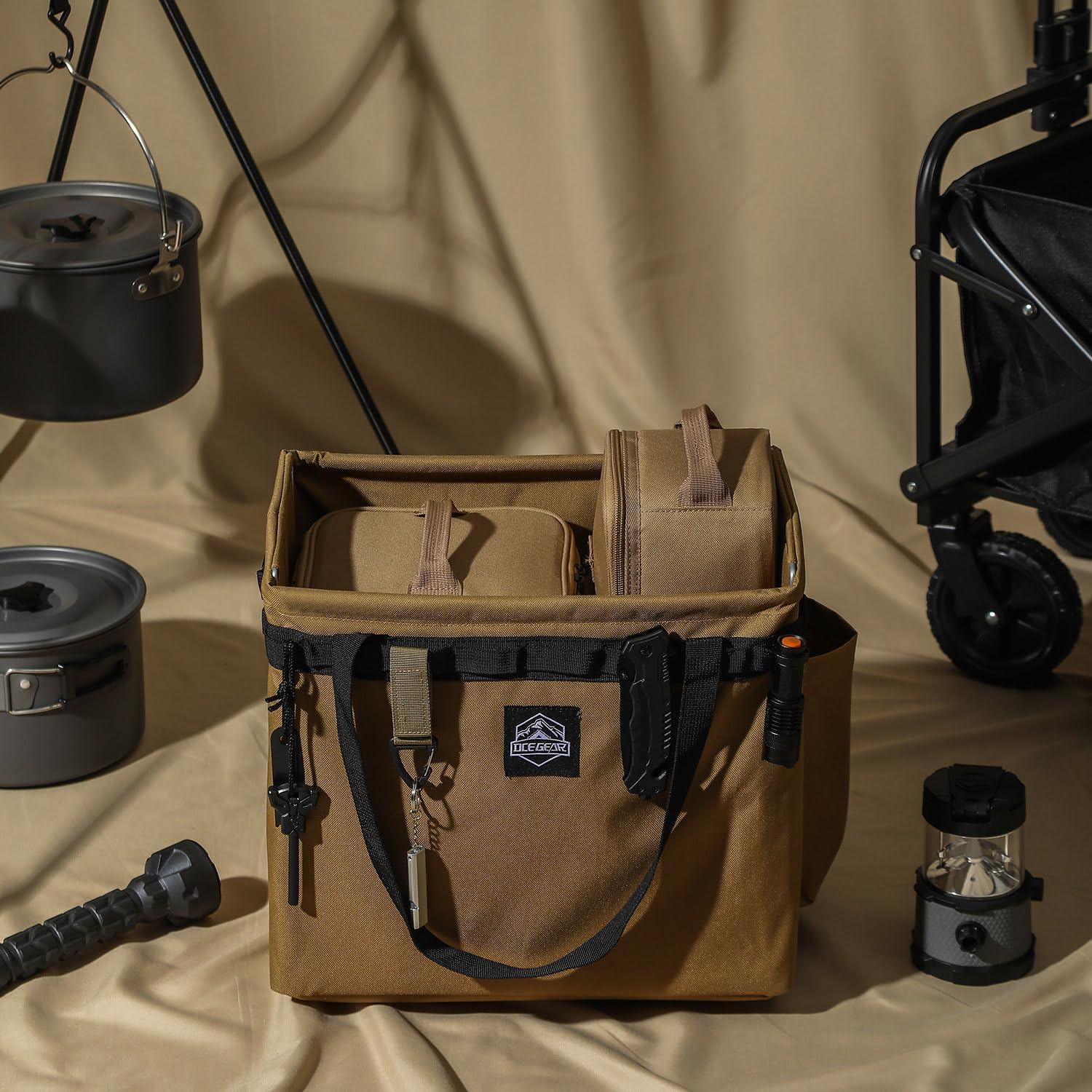 Camping Storage Bag Multifunctional Collapsible Tactical Bag, Car Trunk Organizer for Tool, Cookware Carry Bag, Picnic Basket for Outdoor, Travel, Hiking, Camper, RV (Khaki) image number 3