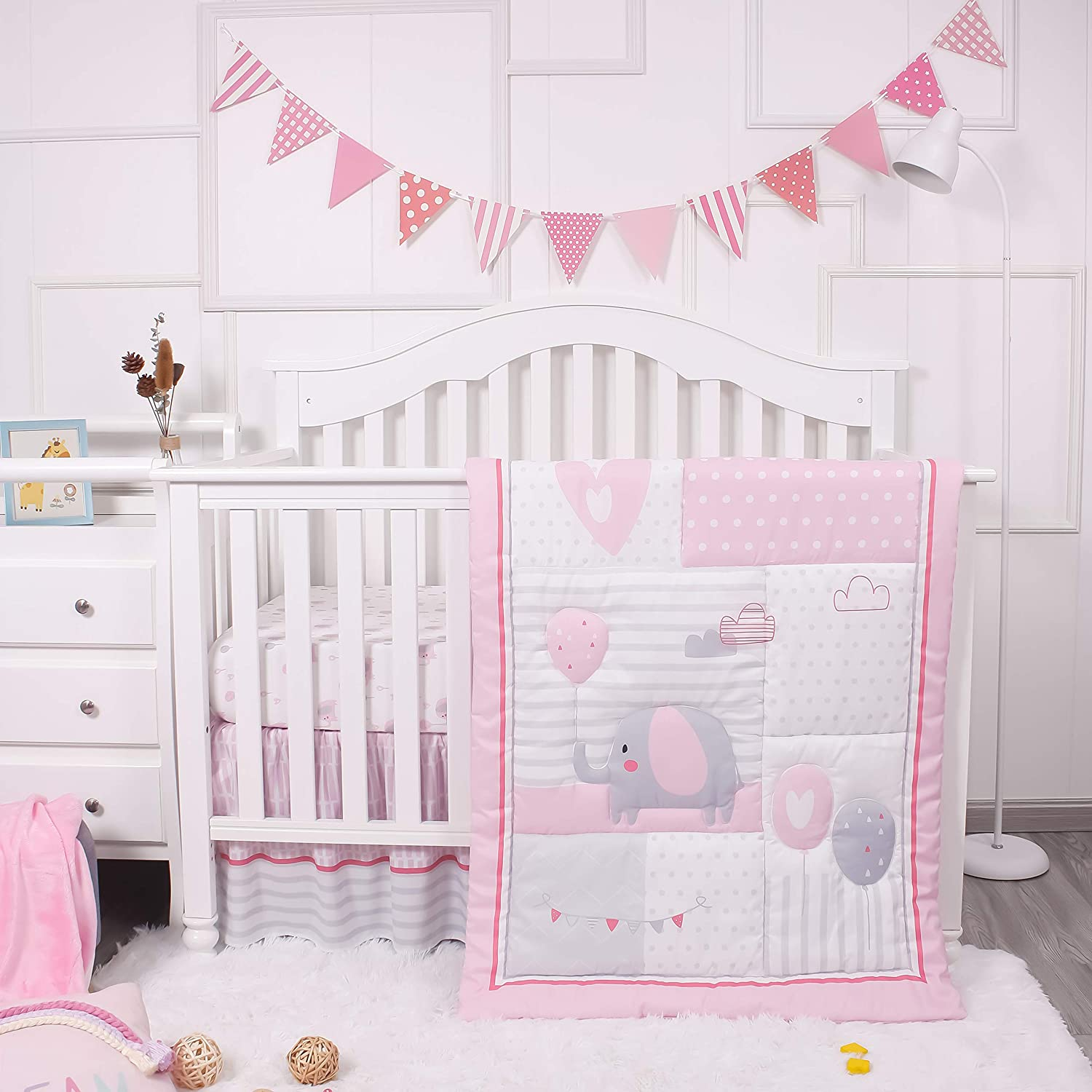La Premura Baby Elephant Nursery Crib Bedding Set for Girls &ndash; Pink Elephant & Love Balloons 3 Piece Standard Size Crib Set, Pink & Gray&hellip; image number 2