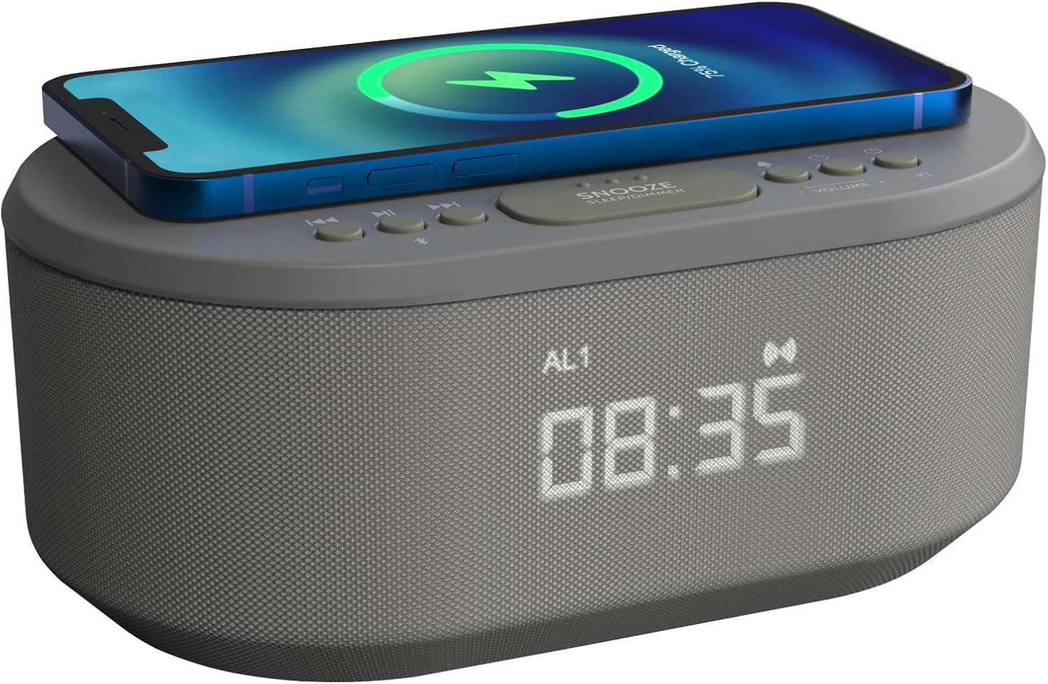 I-Box Bedside Wireless Charging Non Ticking Radio Alarm Clock with Dimmable LED Display - Mains Powered Dual Alarm Clock with USB Charger and Bluetooth Speaker, Grey