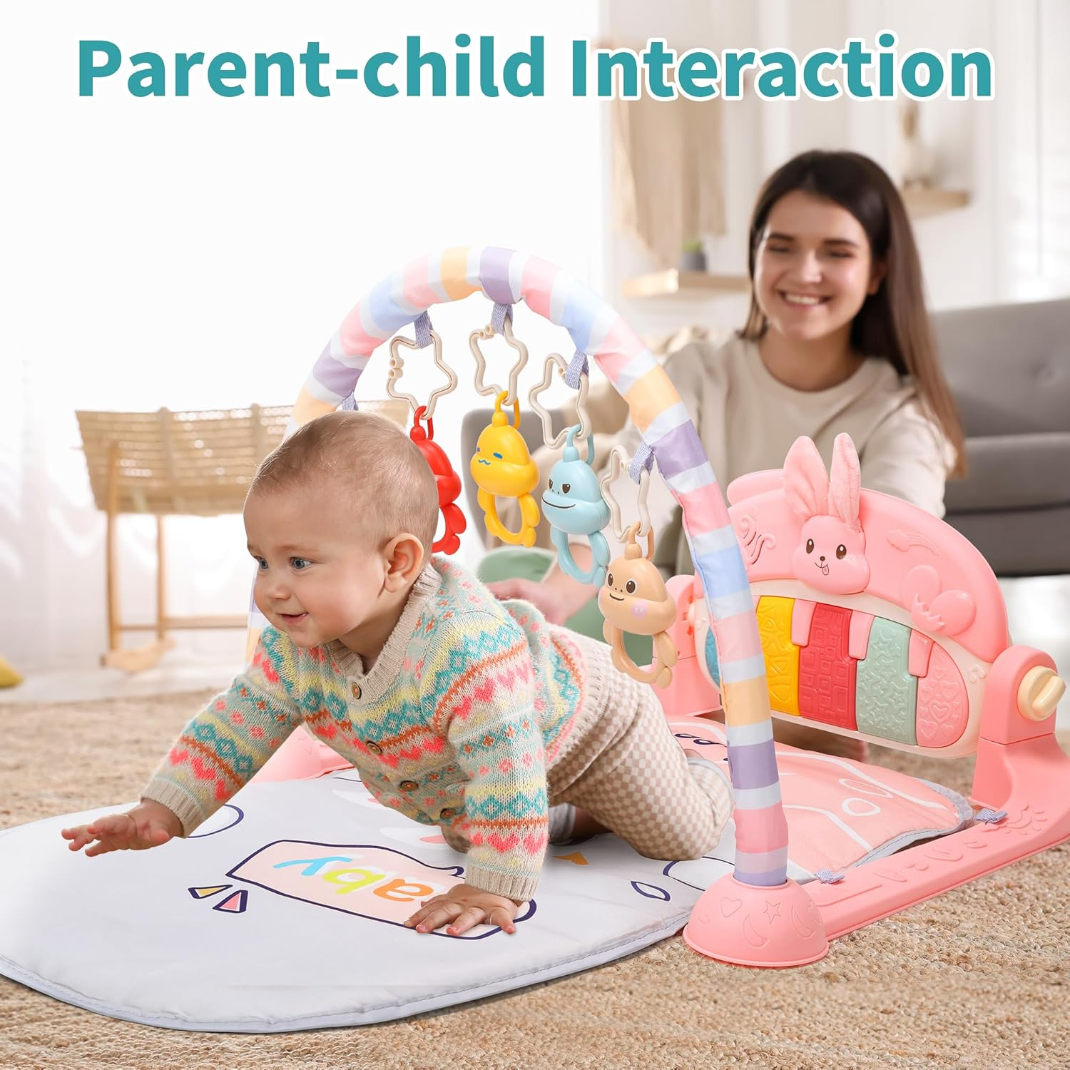 HOLYFUN Baby Play Mat Baby Gym, Play Piano Tummy Time Mat with Activity Gym, 5 Infant Learning Sensory Baby Toys, Perfect Musical Activity Center for Early Development & Entertainment, Pink image number 2