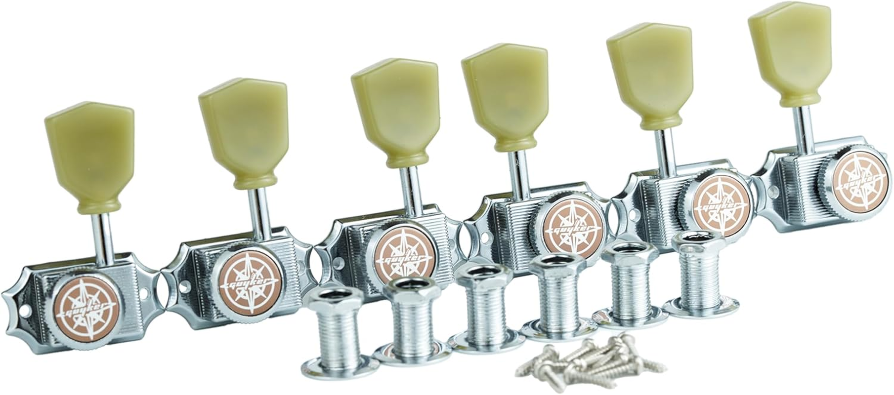 Guyker 6Pcs Guitar Locking String Tuning Pegs (3R + 3L) &ndash; 1:15 Vintage Deluxe Style Tuners Key Machine Heads Set with Keystone Knob Replacement for Les Paul Style Electric or Acoustic Guitar - Chrome image number 1