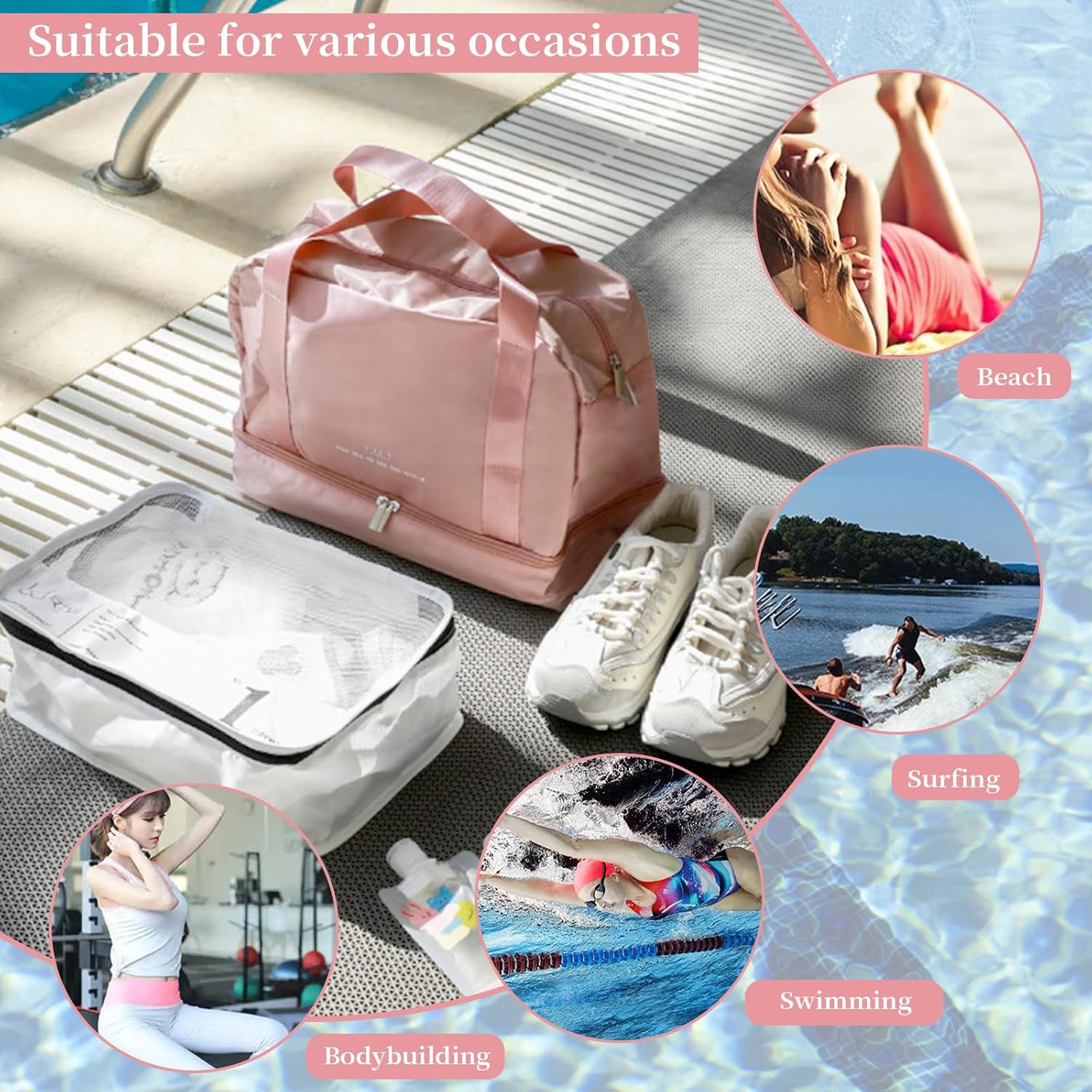 Travel Duffle Waterproof Bag with Trolley Sleeve & Separate Shoe Compartment Dry Wet Separation Storage Bag Sports Gym Bag Carry on Weekender Overnight Shoulder Bag for Women & Men (Blue) - Black image number 3