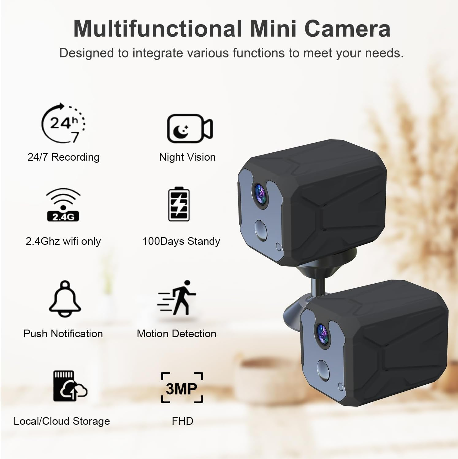 1440P HD Mini Wifi Security Camera &ndash; Indoor Wireless Rechargeable Pet/Home/Office Surveillance with Motion Detection, Night Vision, 100-Day Battery, Cloud/Sd Storage & App Control（Black） image number 3