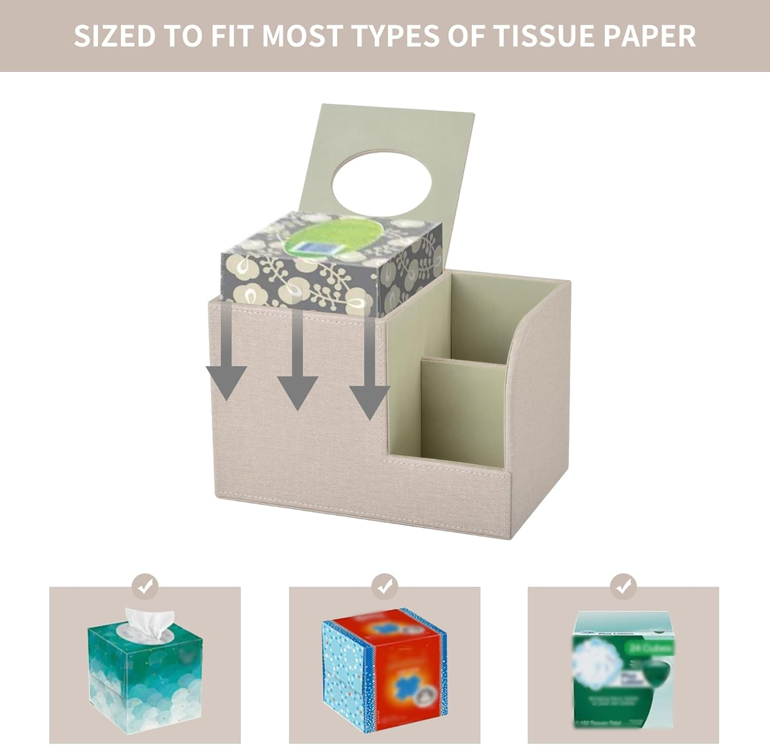 XNONE PU Leather Square Tissue Box Cover,Multifunctional Tissue Box Holder,Tissue Box with Storage,Tissue and Remote Control Holder,Tissue Box Decorative Desk Organizer for Home&Office,Beige - Black image number 6