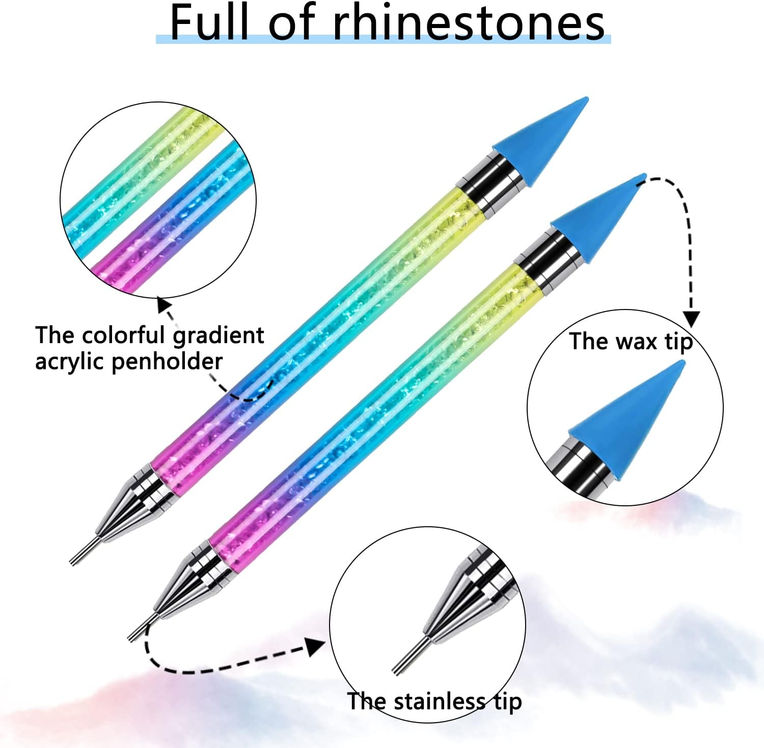 ANGNYA 2PCS Wax Nail Rhinestone Picker Dotting Pen,Dual-Ended Wax Pencil for Rhinestones Wax Tip Gradient Handle with Crystal Beads Manicure Nail Art DIY Decoration Tool image number 3