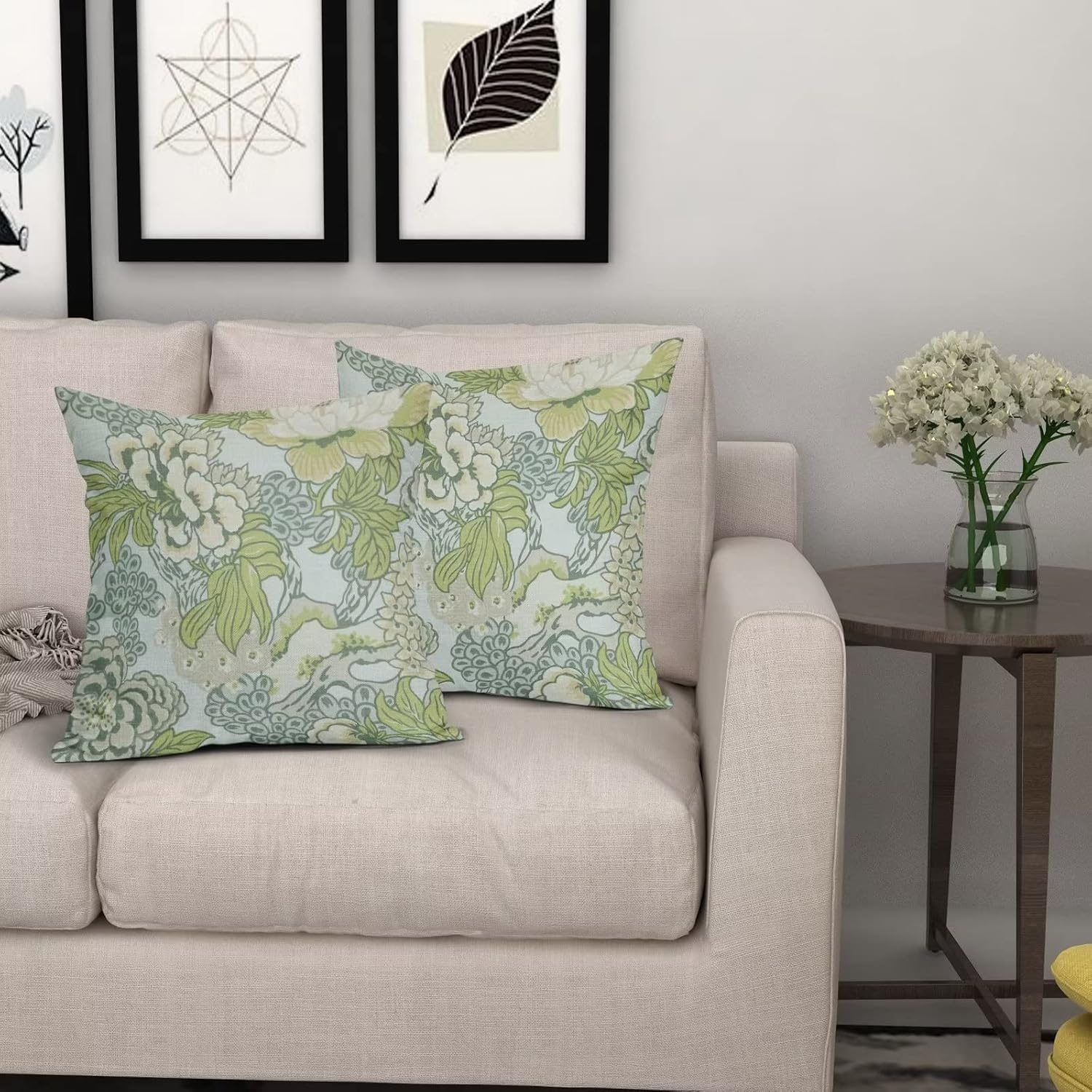 Sweetshow Spring Green Flowers Chinoiserie Pillow Covers 2 Packs 20X20 Inch Lighe Green Floral Throw Pillows Vintage Sage Green Decor Cushion Cover Linen Patio Furniture Sofa Bedroom Indoor Outdoor image number 4