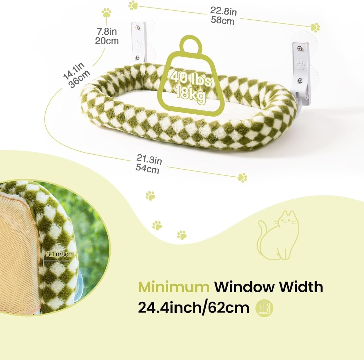 EDAGNY Stylish Cat Hammock Window Foldable - Plush Cat Window Lounger with Removable Thick Cover, Sturdy Steel Frame up to 18 Kg, Green M image number 3