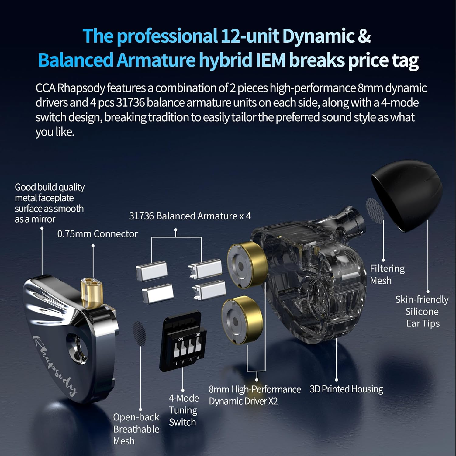 KZ CCA Rhapsody 2DD+4BA Hybrid IEM Earbuds with Microphone image number 2