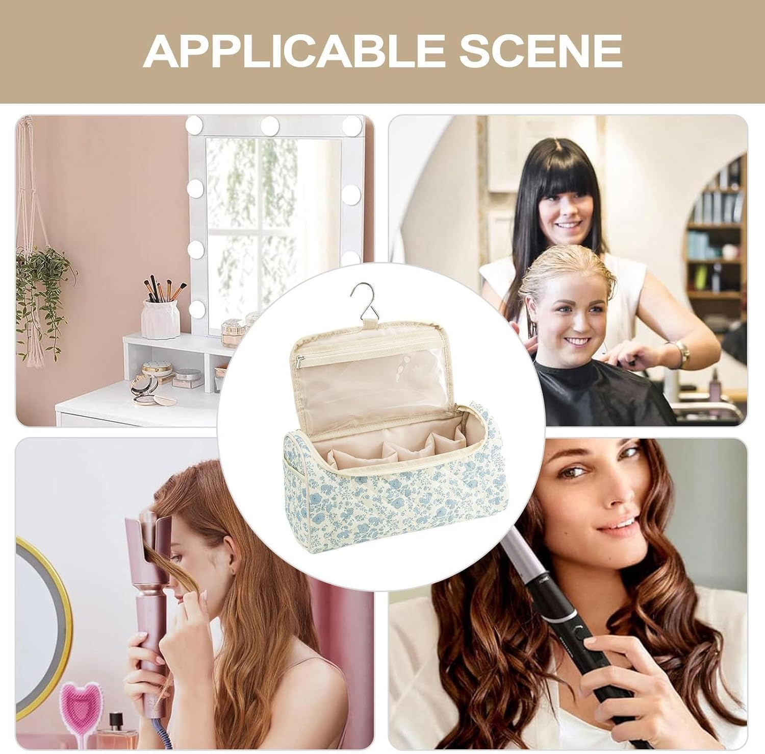 Quilted Hair Tool Travel Bag, Cute Portable Organizer Case with Hanging Hook, Makeup Bag, Cotton Hair Tool Bags for Travel, for Brush Straightener Curler Cosmetics - 3 image number 7