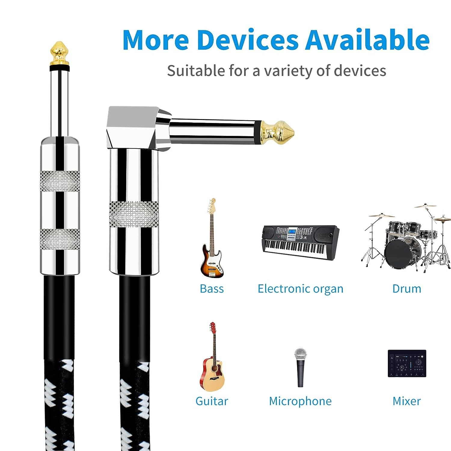 Guitar Lead 1M 3Ft, Premium Braided Guitar Cable,Electric Guitar Bass AMP Cable 1/4 Inch Jack Lead Right Angle to Straight Instrument Cable for Bass, Electric, Keyboard, Amp Etc, Easy Plug-And-Play image number 3