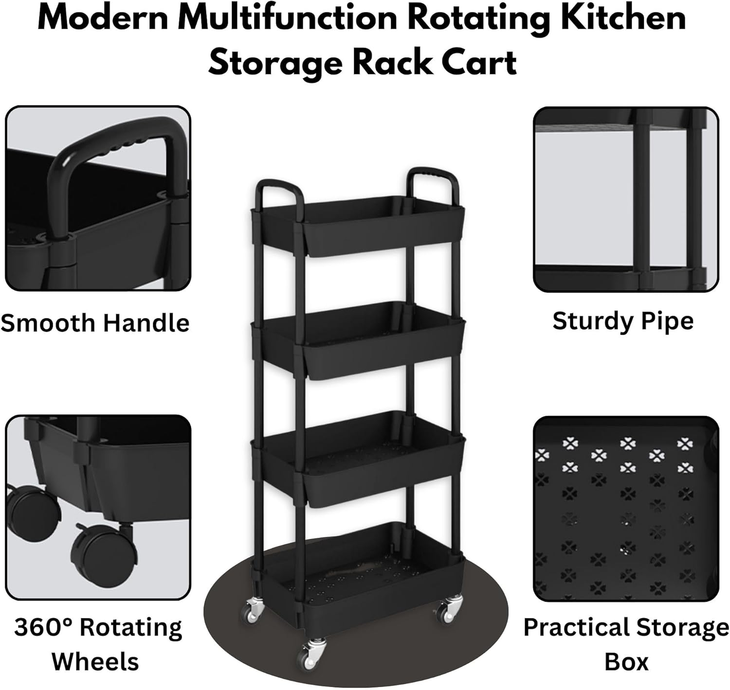 Opal Abode - 4-Layer Storage Trolley with Lockable Wheels &ndash; Slim Rolling Utility Cart Organizer for Kitchen, Bathroom, Office & Laundry &ndash; Mobile Storage Rack with 4 Tiers &ndash; Space Saving Shelf Unit. image number 1