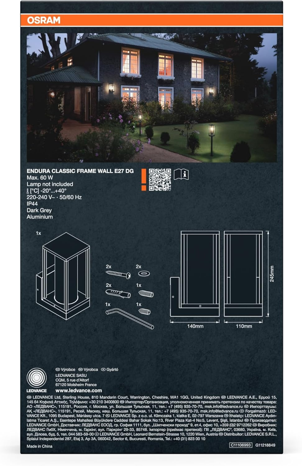 OSRAM Outdoor Wall Light E27 Aluminium Clear Glass IP44 Dark Grey Rectangular Design 140 X 110 X 245 Mm Fixings Included