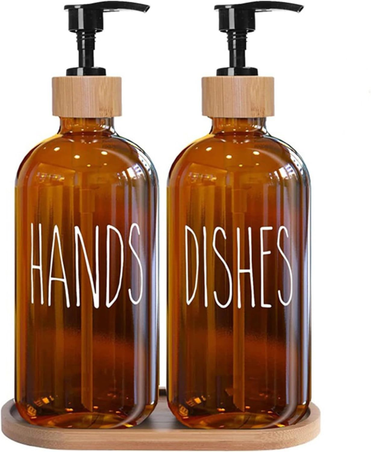 Glass Soap Dispenser Set with Tray,Includes Hand Soap and Dish Soap Dispenser Featuring Pump Durable Leakproof Design Smooth Rounded Nozzle Ideal for Kitchen Sink Home Decor(Coffee)