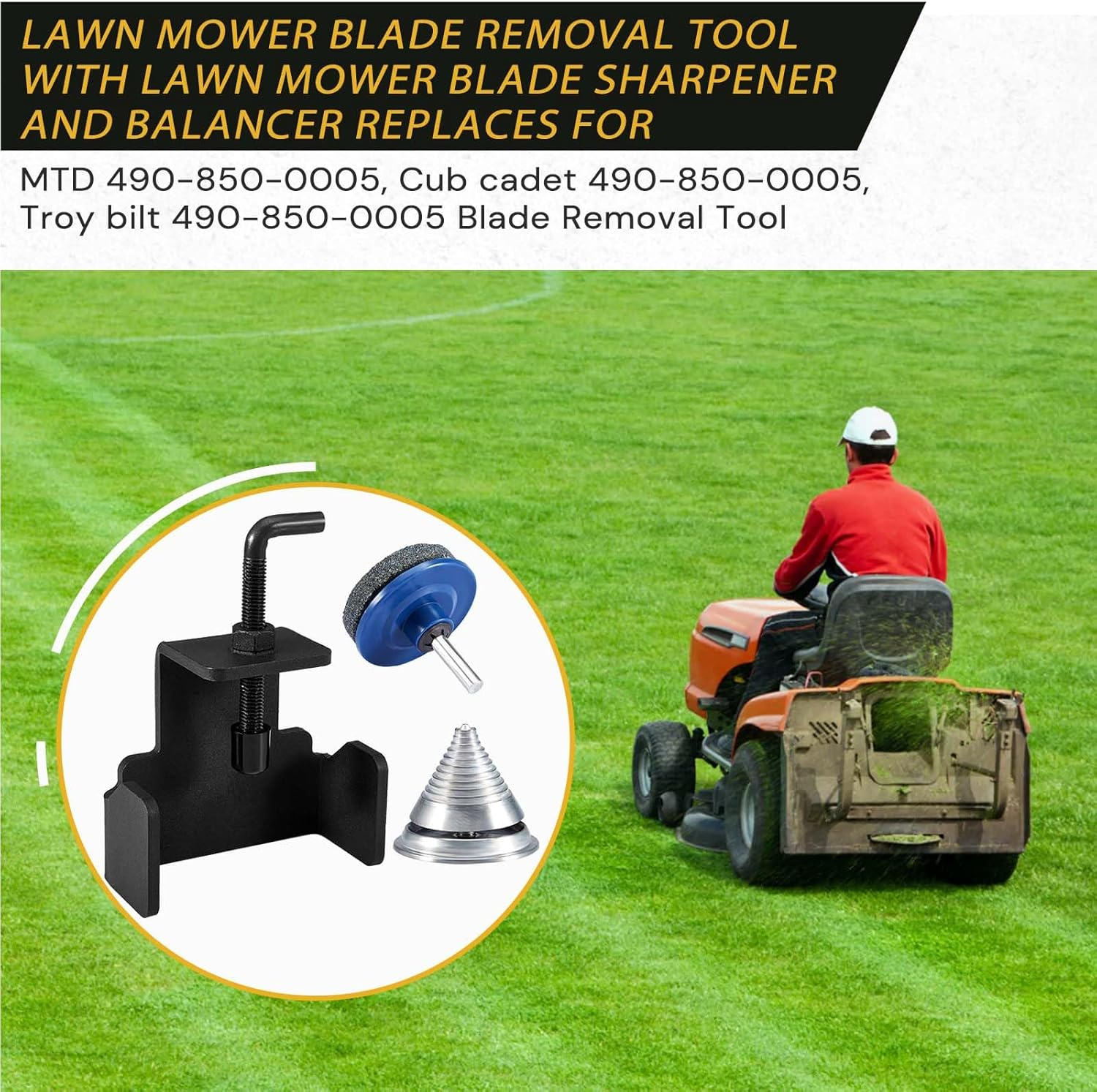 Lawn Mower Blade Removal Tool，490-850-0005 Universal Mower Blade Removal Tool with Lawn Mower Blade Sharpener and Balancer Replaces for MTD 21" Walk behind and Riding Lawn Mowers image number 3